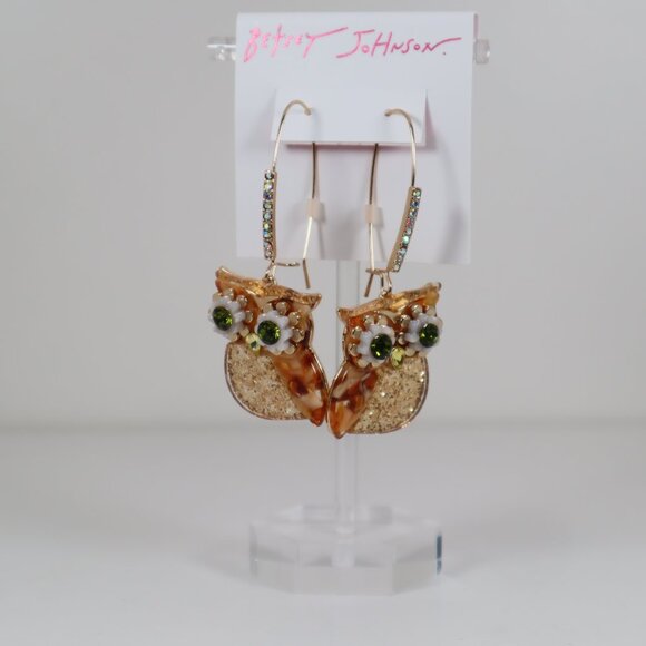 BETSEY JOHNSON Crystal Owl Gold Tone Glitter Hook/Drop Earrings NWT - Picture 1 of 3